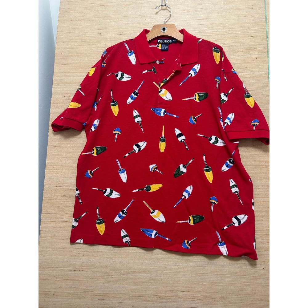 Nautica Mens Medium Red Buoy‎ Print Short Sleeve Polo Shirt Cotton Top